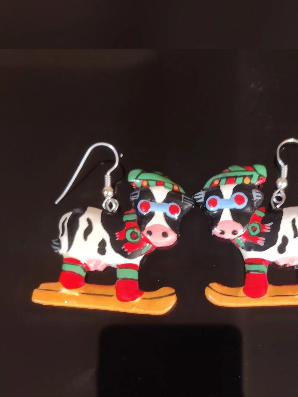 Festive Cow Ski Earrings - Black, White & Red Kids Accessory